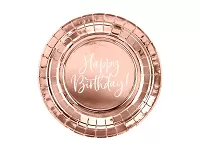 Papírové talířky metalické rose gold - Happy Birthday 6 ks